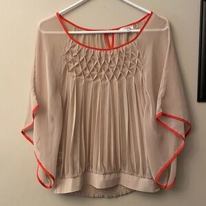 TCEC Elegant Sheer Beige Flowy Blouse with Dark Coral Pink Trim/Accents